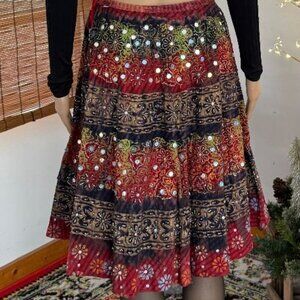 Vintage ~Gypsy Boho Sequin/Mirror Mid Length Cotton Skirt~S/M